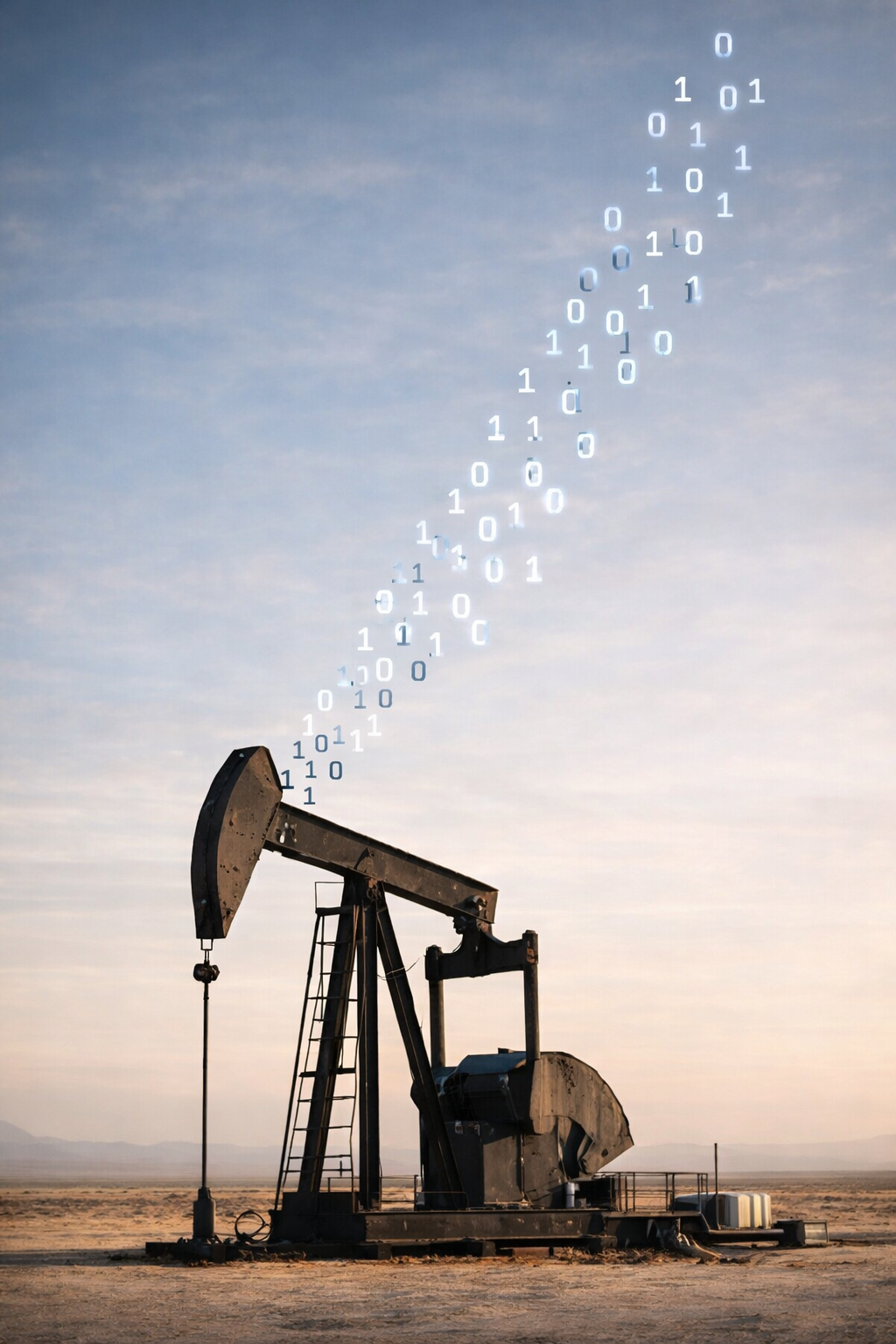 Oil pumpjack with a rising stream of binary digits, representing a digital oil well