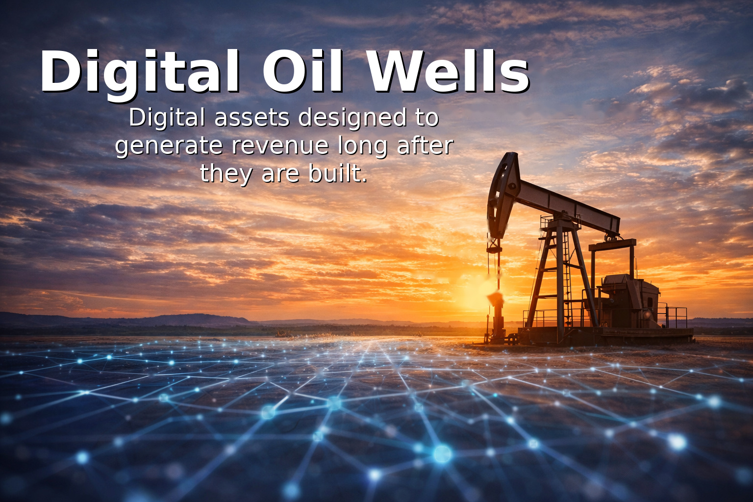 Oil pumpjack at sunset with a digital network overlay, representing digital oil wells